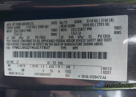 2019 Ford Escape Se from USA, damaged, VIN 1FMCU9GD1KUC17837